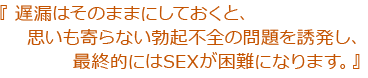 遅漏はそのままにしておくと、思いもよらない勃起不全の問題を誘発し、最終的にはSEXが困難になります。